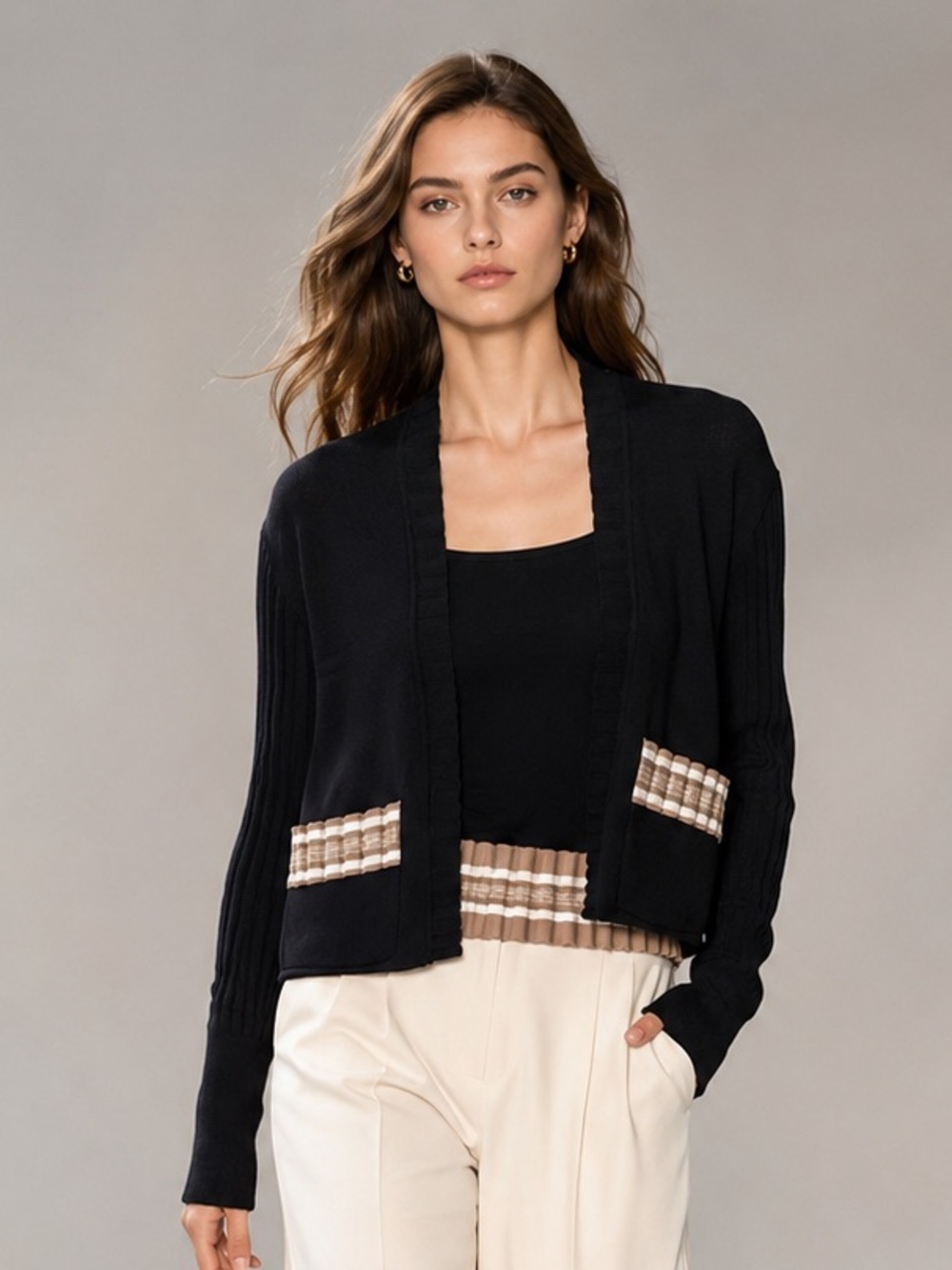 Aspect Black Cropped Cardigan Sweater M/T Neutral Stripe Open Front